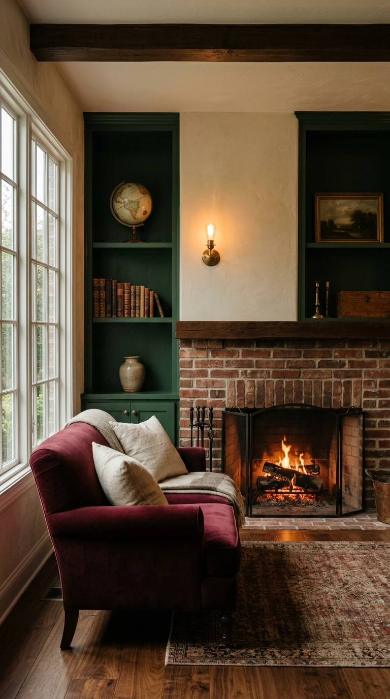 Forest green built-ins with a burgundy velvet loveseat