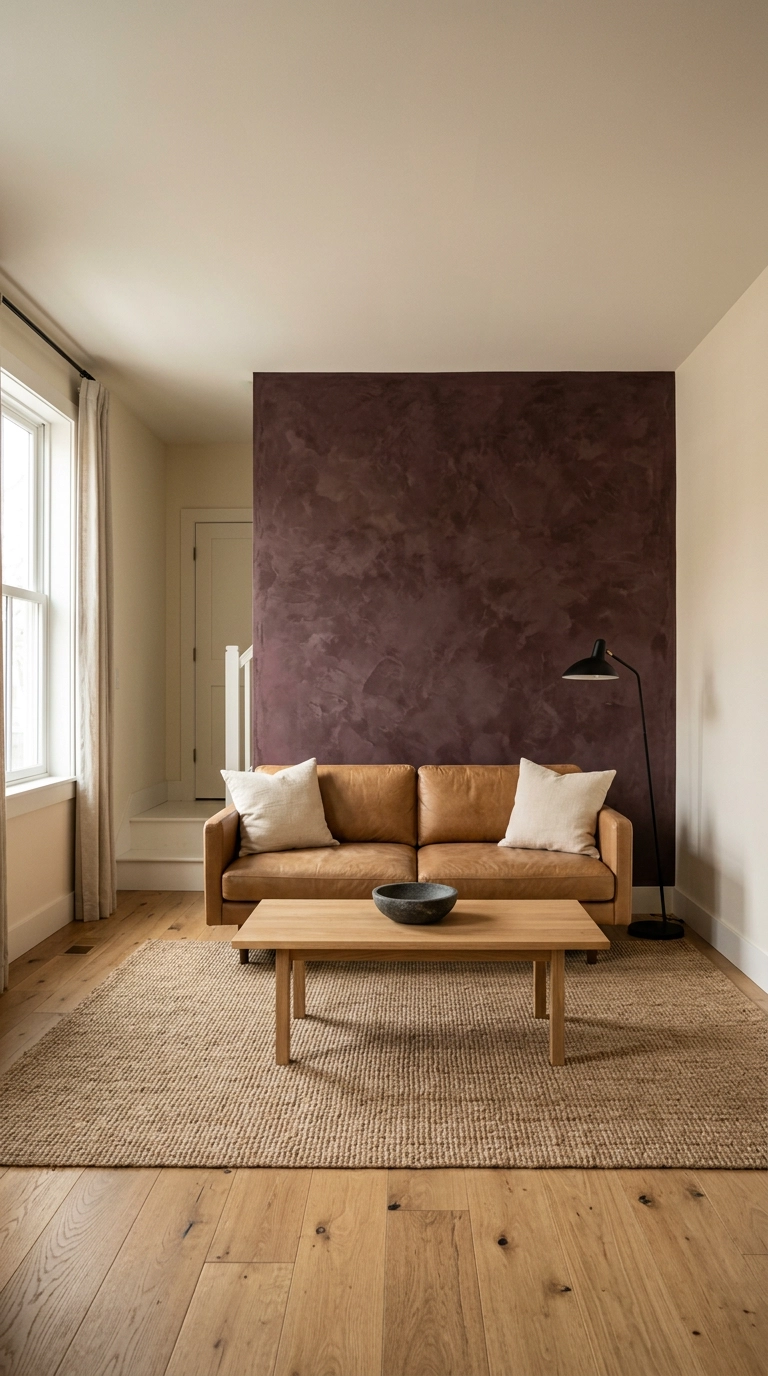 Mottled burgundy limewash wall behind a camel leather sofa