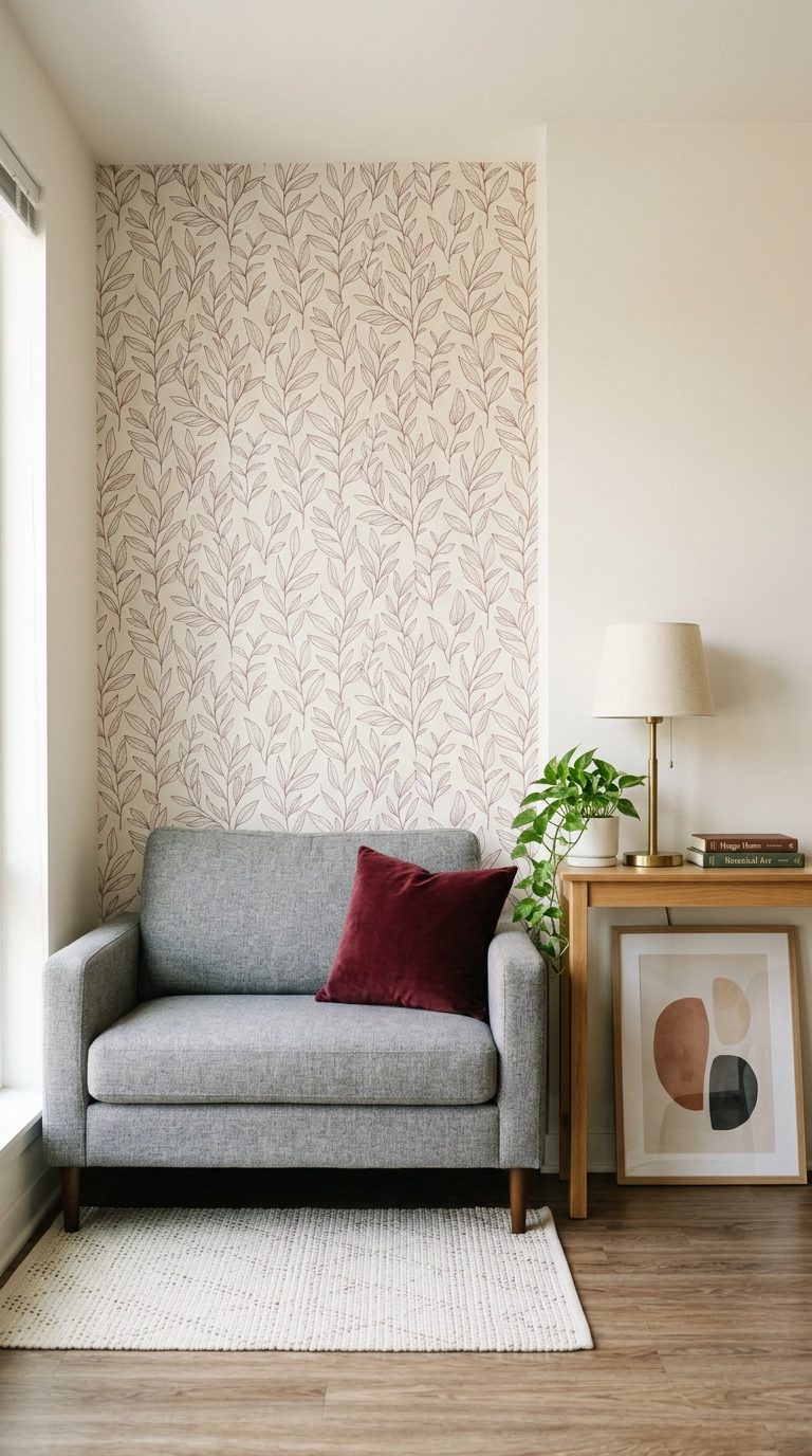 Burgundy patterned peel and stick wallpaper on a rental wall