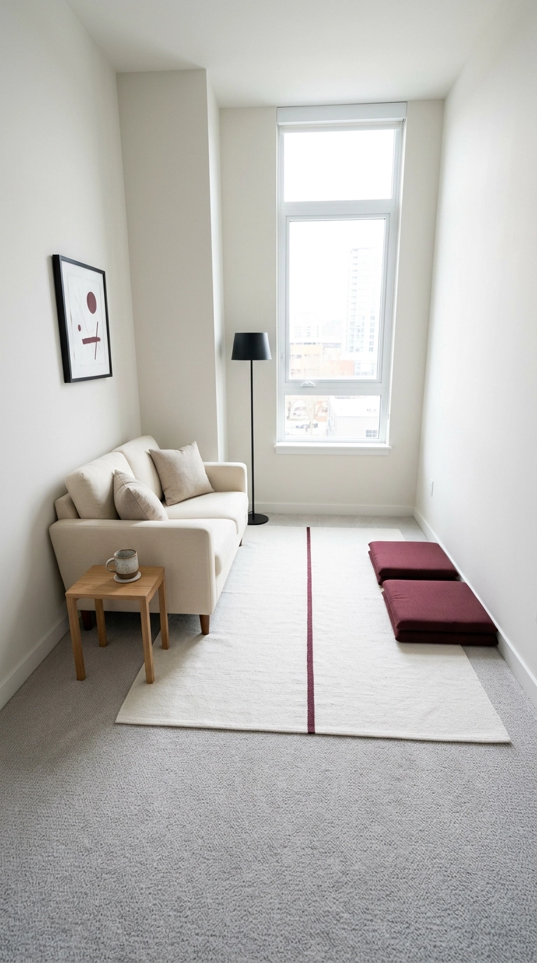 Small apartment using burgundy as rug accents only