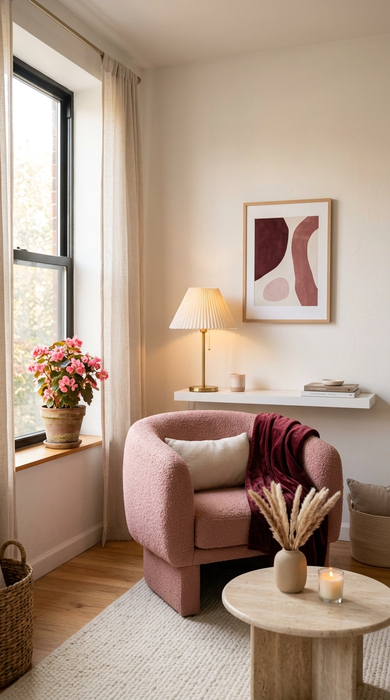 Dusty pink chair with burgundy throw in a romantic living room