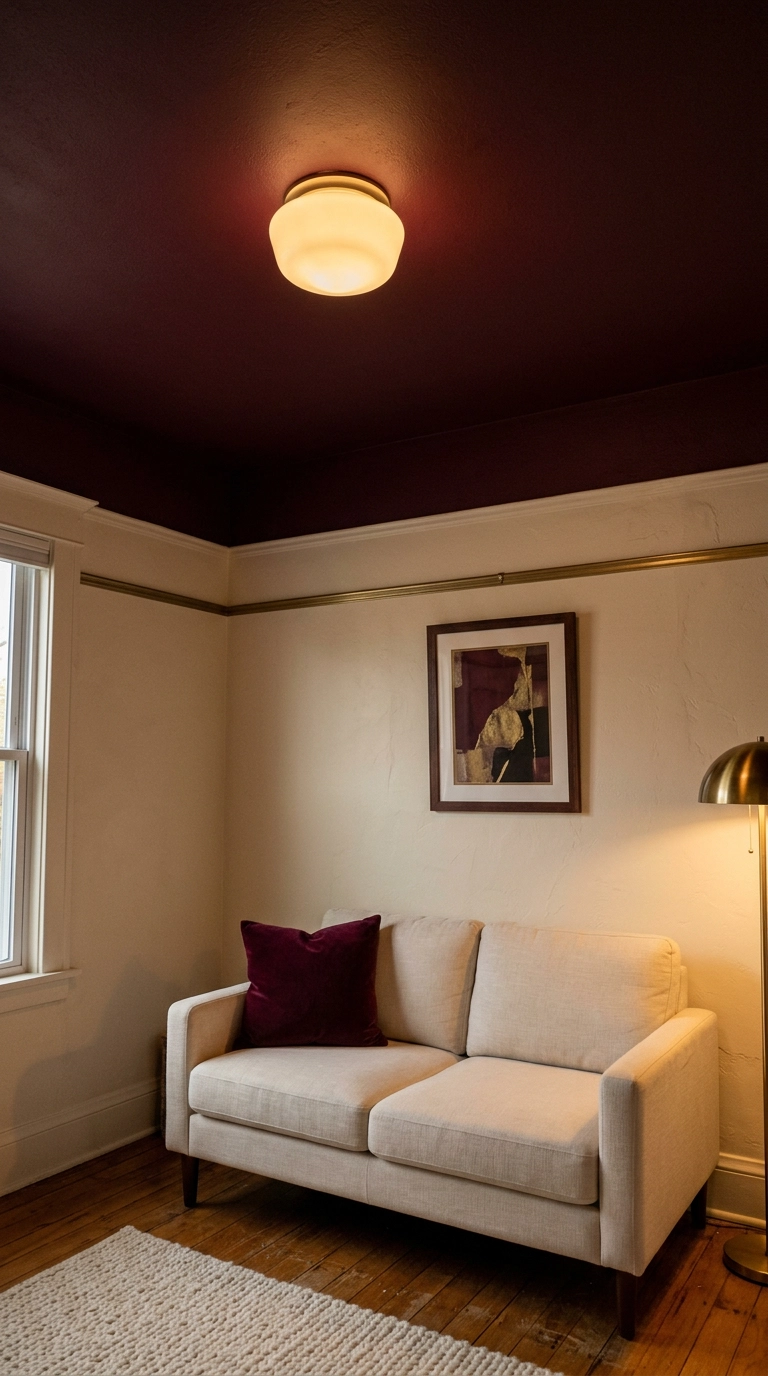 Burgundy painted ceiling above cream walls and loveseat