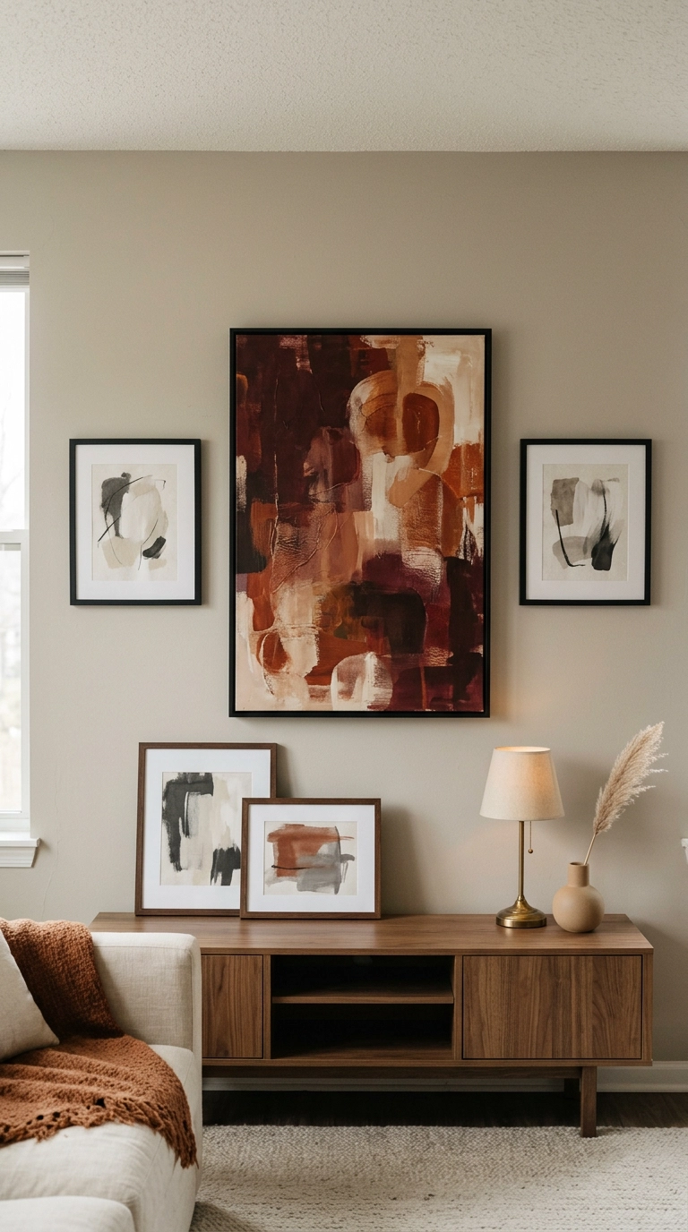 Gallery wall with a large burgundy abstract painting