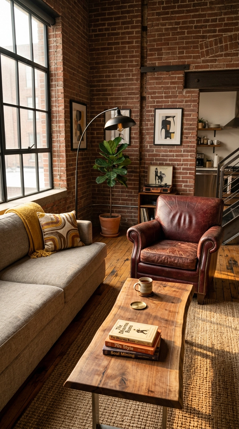 Aged burgundy leather club chair in a loft living room