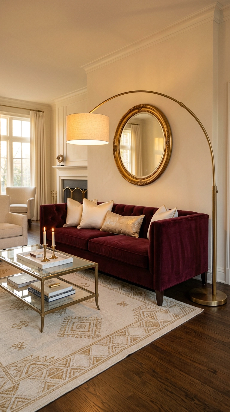 Burgundy velvet sofa with brass floor lamp and gold accents