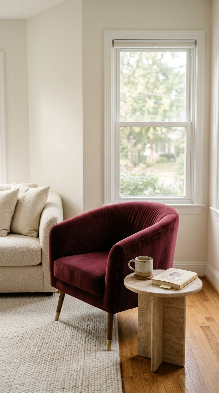 Single burgundy velvet barrel chair in a bright neutral corner