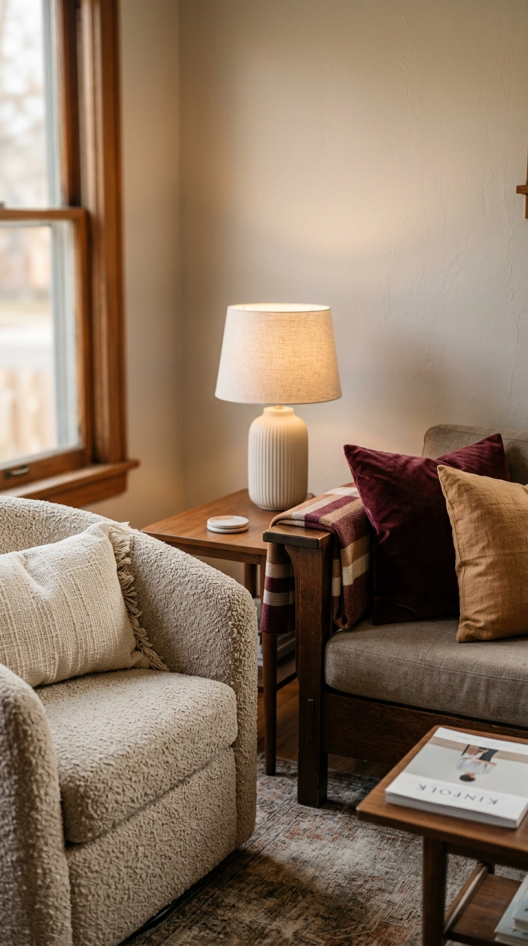 Three burgundy, camel, and cream throw pillows on a sofa