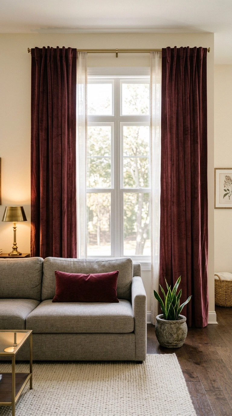 Burgundy velvet curtains hung high near the ceiling
