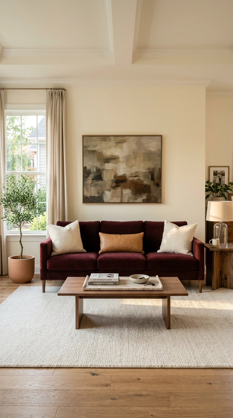 Burgundy velvet sofa anchoring a warm cream living room