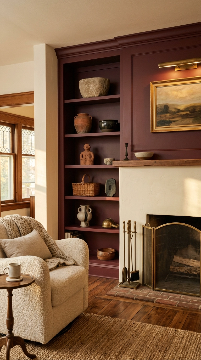 Burgundy painted built-in bookshelves flanking a fireplace