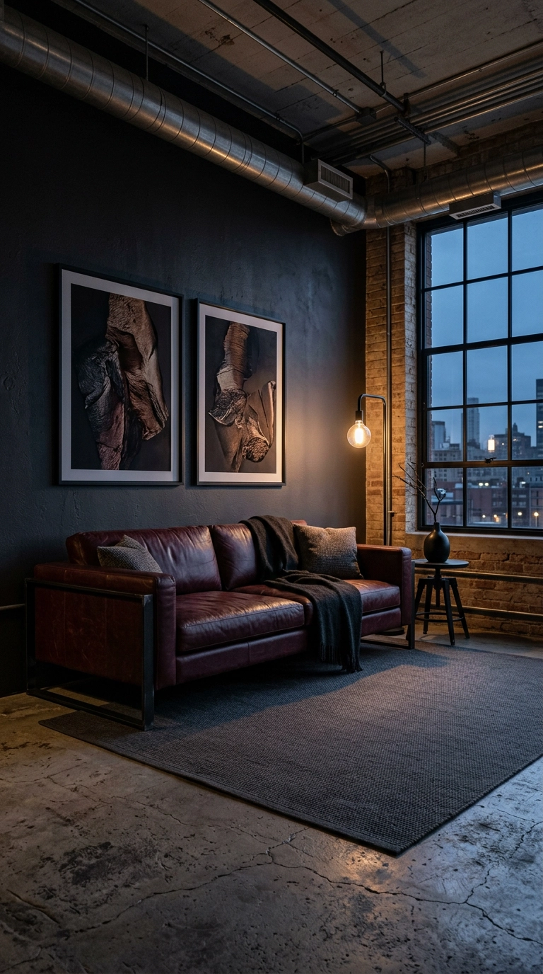 Burgundy leather sofa with black metal lamps and dark walls