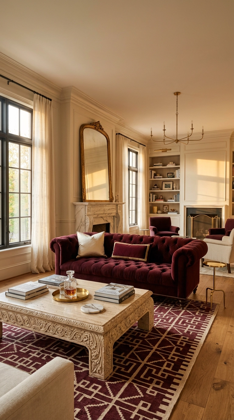 Luxury burgundy tufted velvet sofa with marble and brass