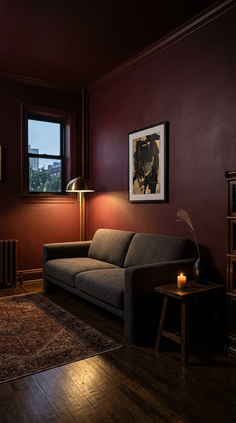 Moody room fully painted burgundy with brass lamp glow