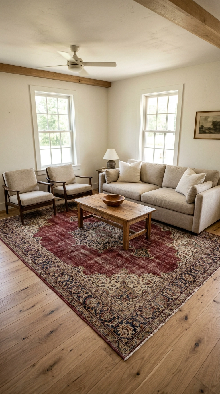 Burgundy vintage Persian rug under a neutral oatmeal sofa