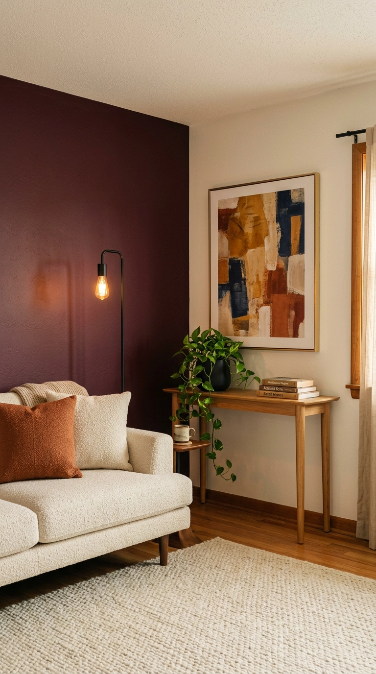Deep burgundy accent wall behind a cream boucle sofa