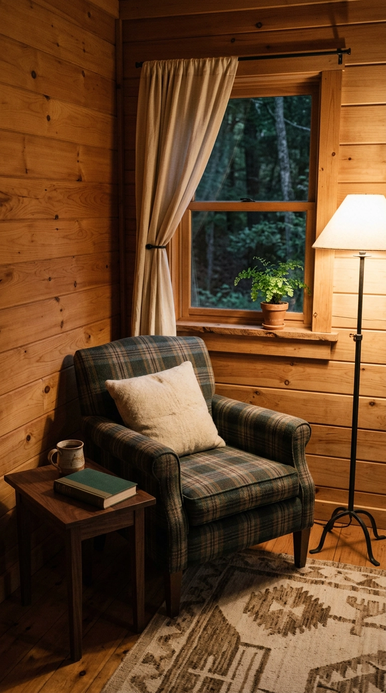 Green plaid armchair reading nook in a cabin bedroom window corner