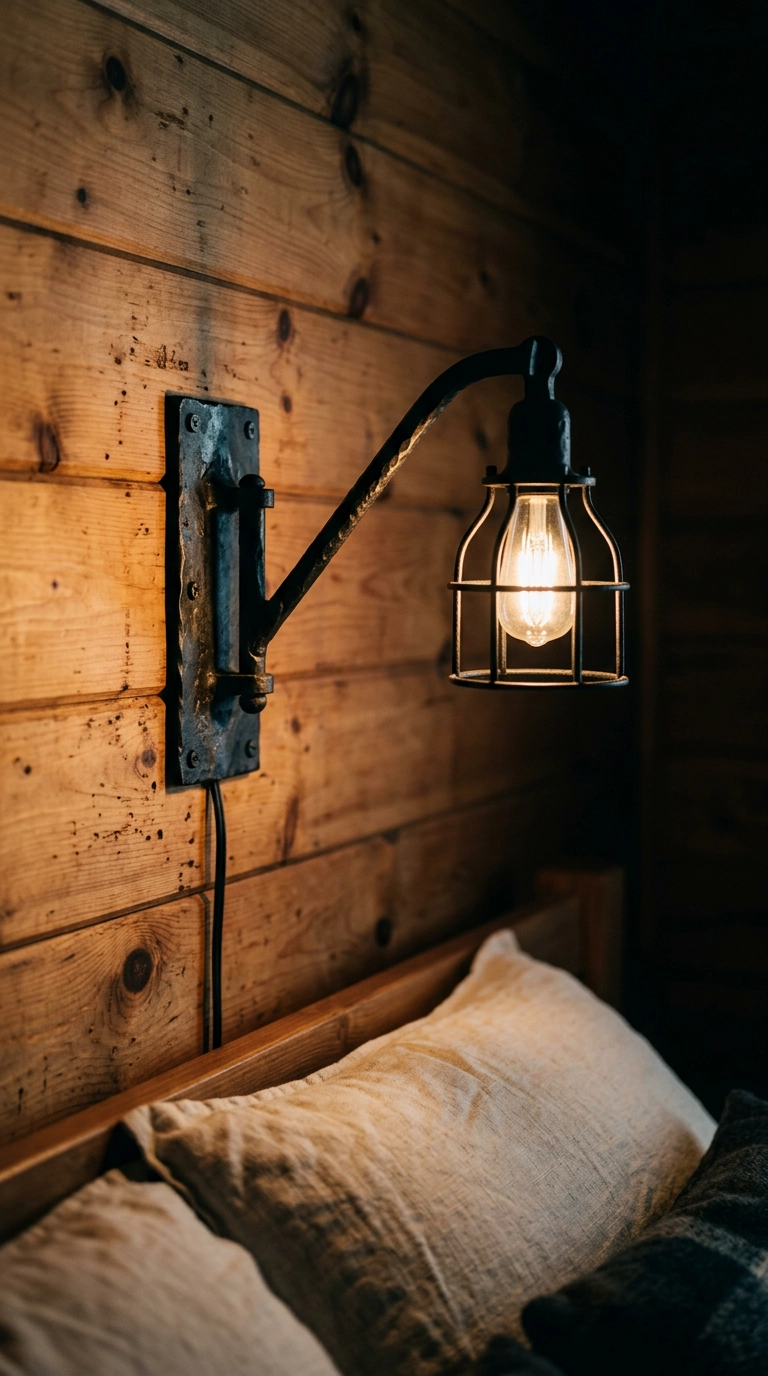 Black cast-iron swing-arm sconce glowing beside a pine cabin bed wall