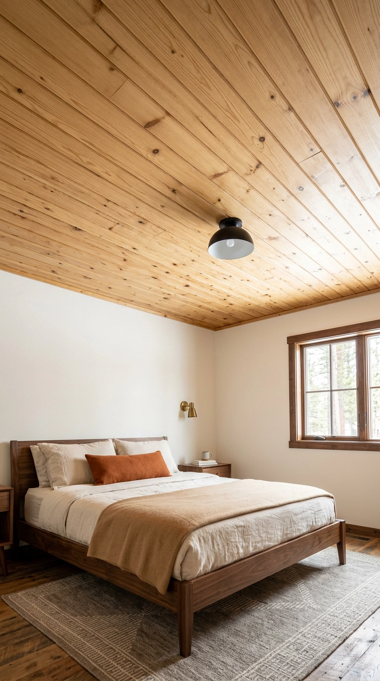 Pine tongue-and-groove wood-clad ceiling above a warm white cabin bedroom