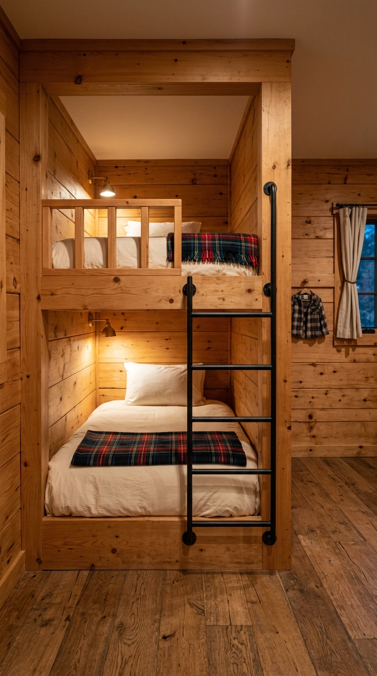 Built-in pine bunk bed nook with reading sconces in a cabin bedroom