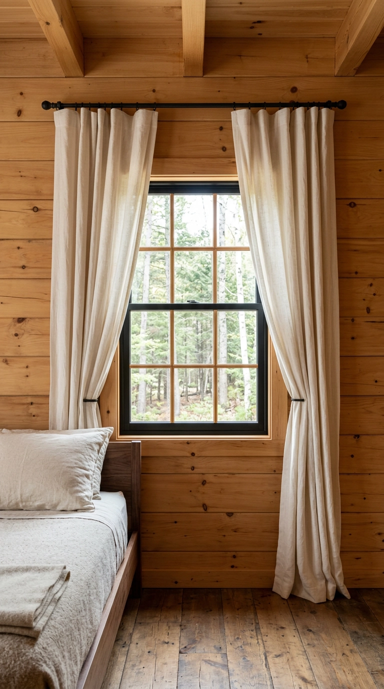 Cream linen curtains hung high and wide beside a small cabin bedroom window
