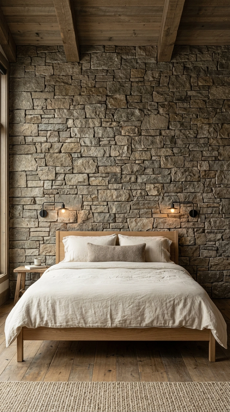 Stacked stone accent wall behind a low oak bed in a mountain cabin bedroom