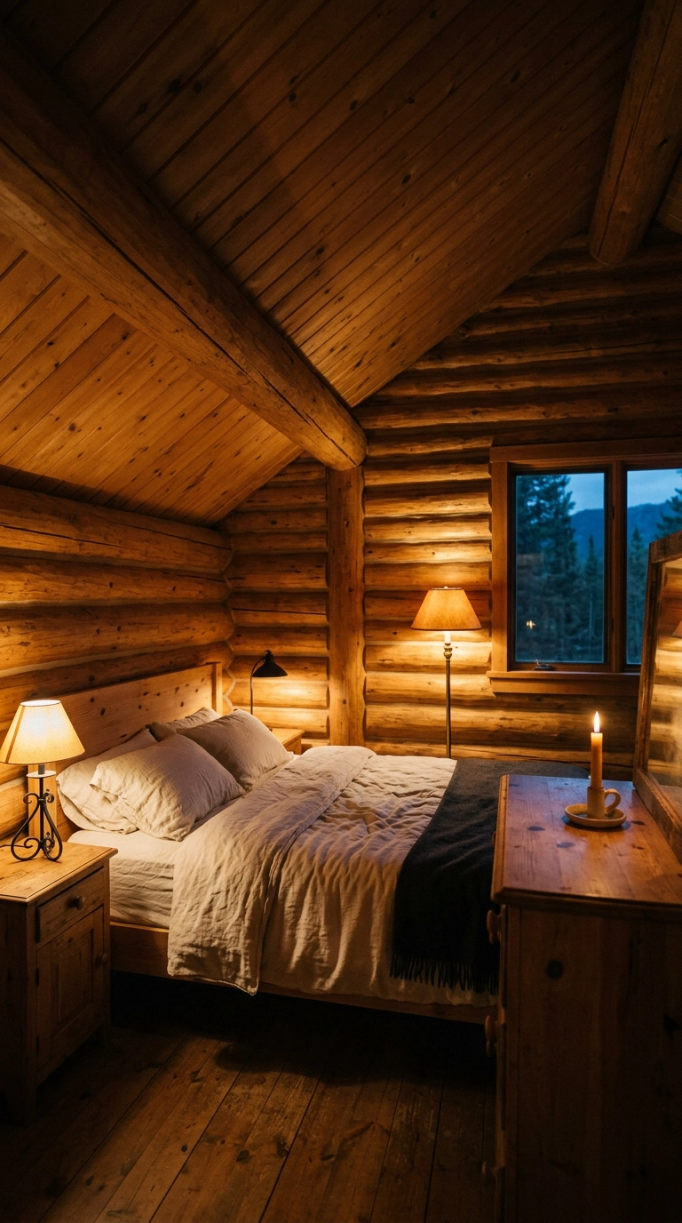 Sloped-ceiling cabin bedroom glowing with warm layered lamp light at dusk