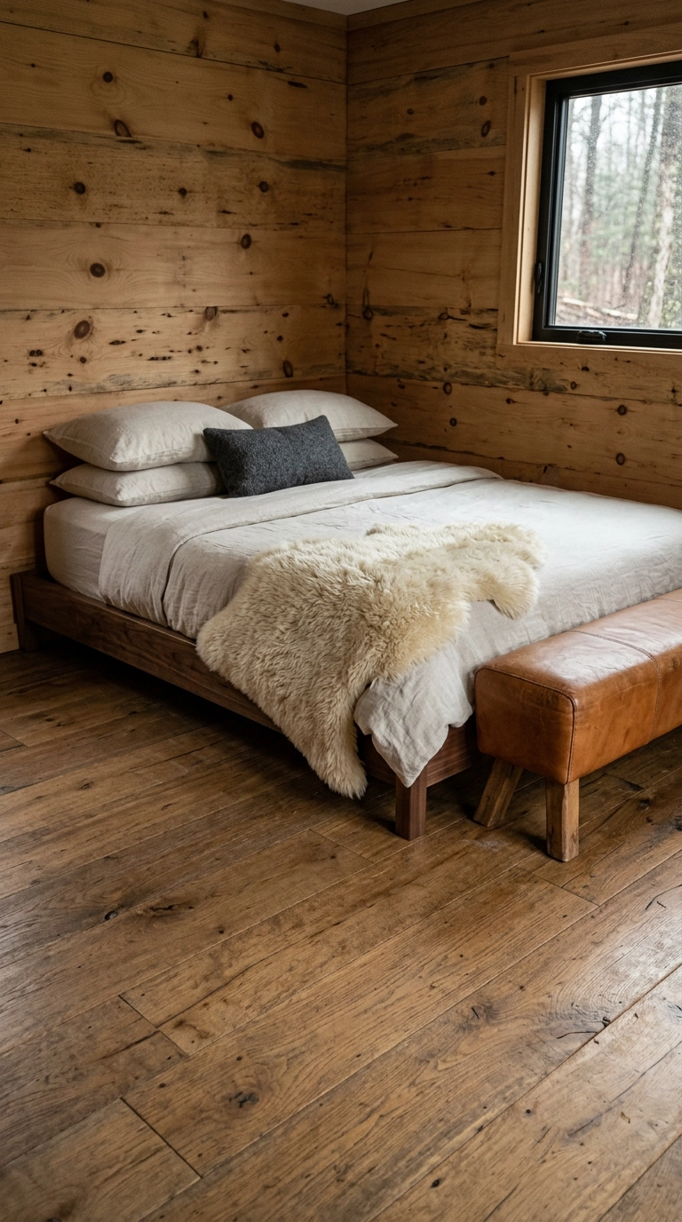 Cream sheepskin draped over the corner of a walnut cabin bed frame