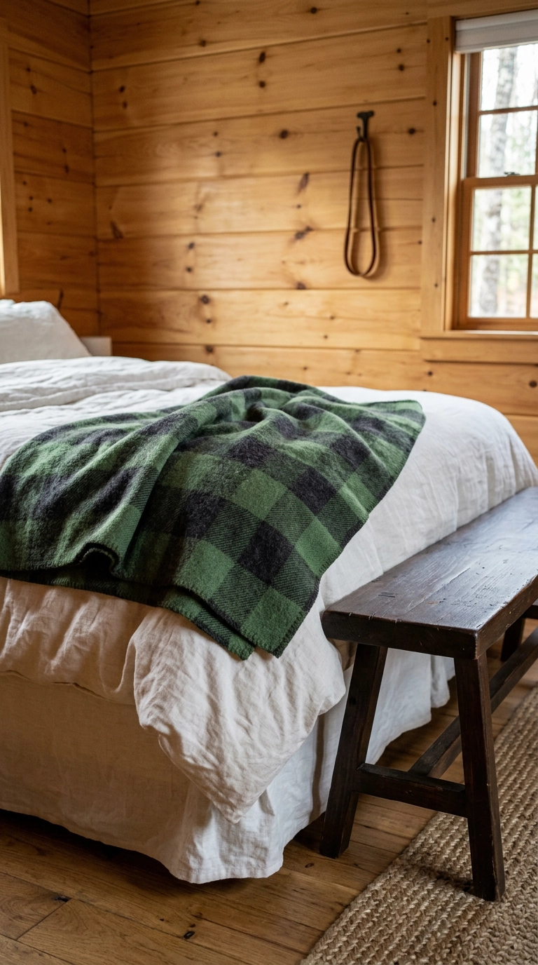 Green and charcoal plaid wool blanket folded across a cabin bed