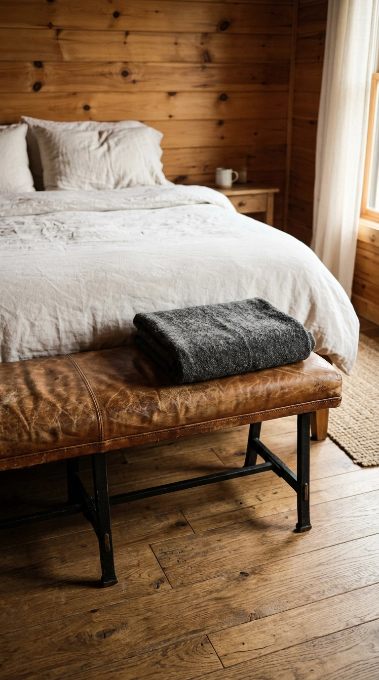 Caramel aged leather bench with iron legs at the foot of a cabin bed