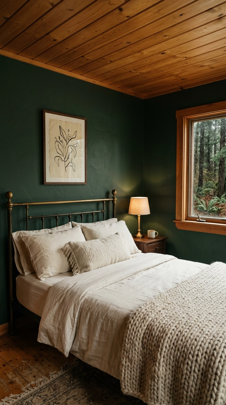 Deep forest green bed wall under a pine ceiling in a woodland cabin bedroom