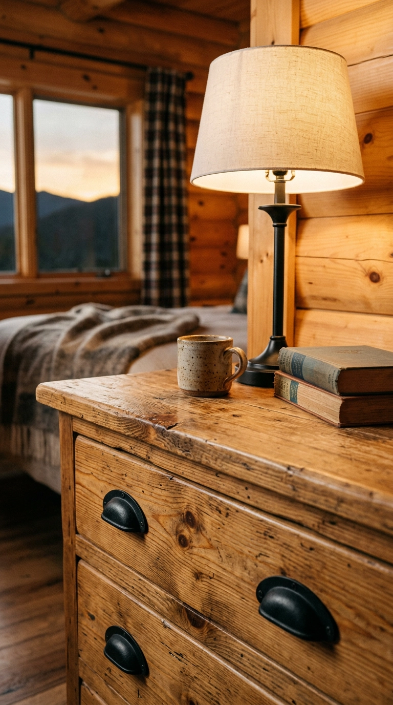 Matte black iron pulls and lamp on a pine dresser in a cabin bedroom