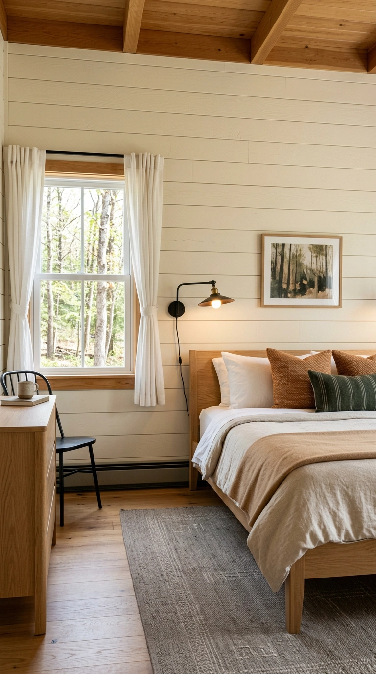Warm white painted shiplap wall behind a white oak bed in a cabin-style bedroom