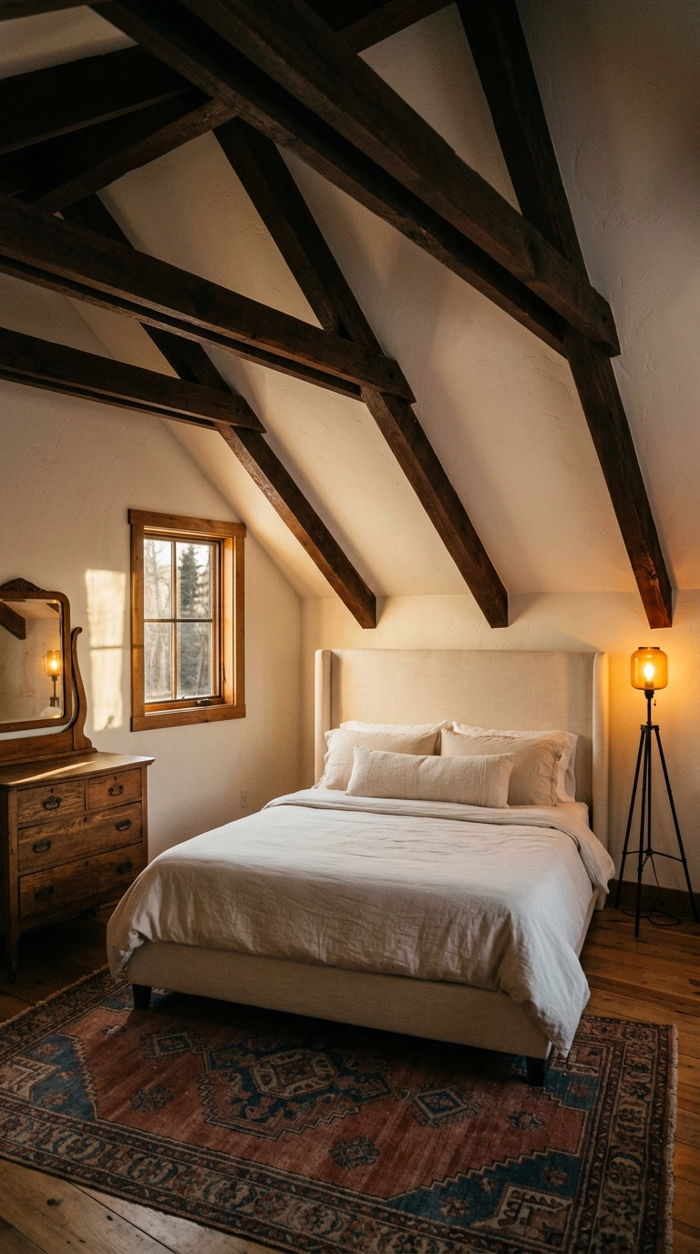 Sloped attic cabin bedroom with dark walnut exposed ceiling beams