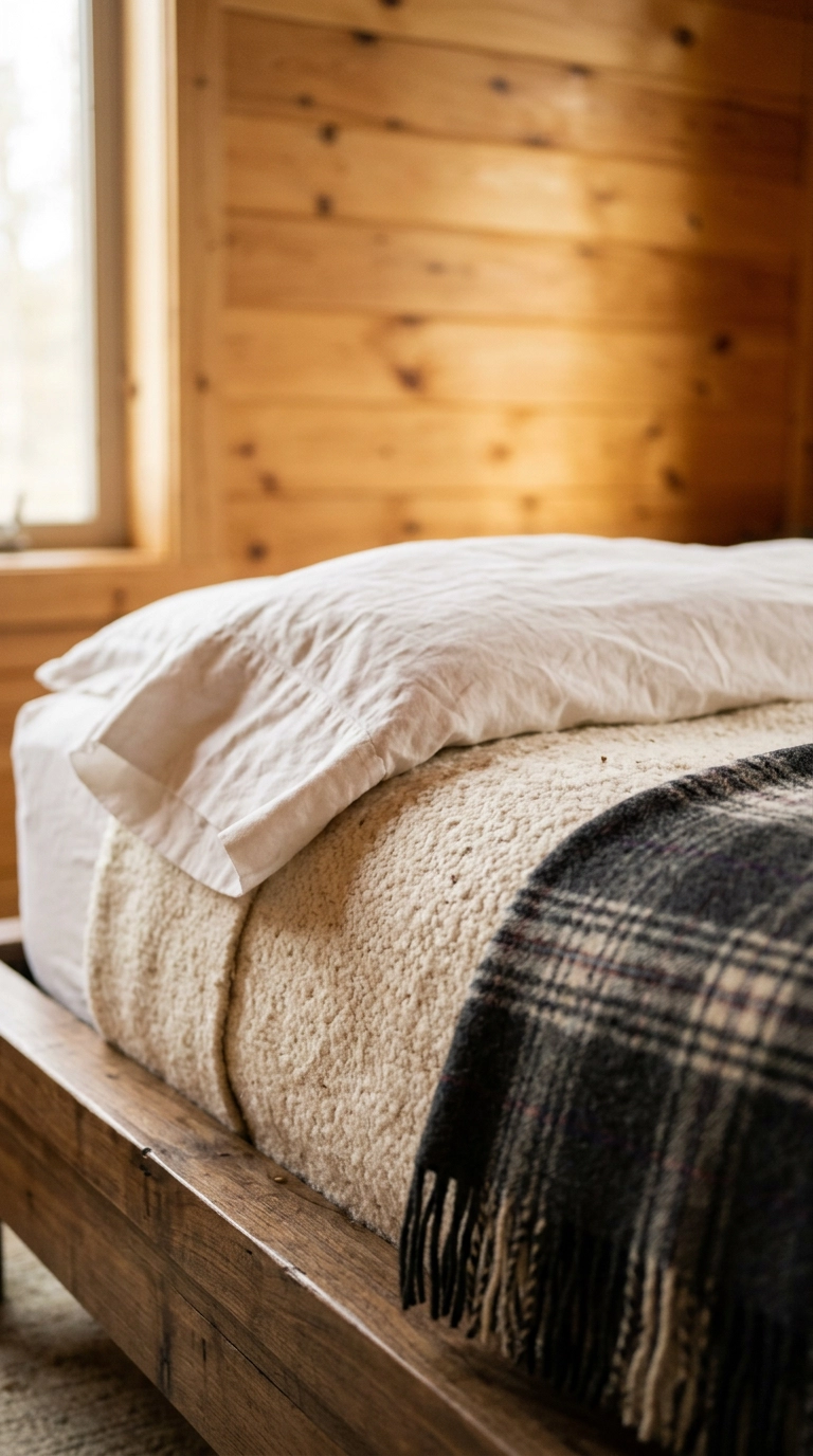 Layered cabin bedding with a cotton sheet, cream wool blanket, and plaid throw