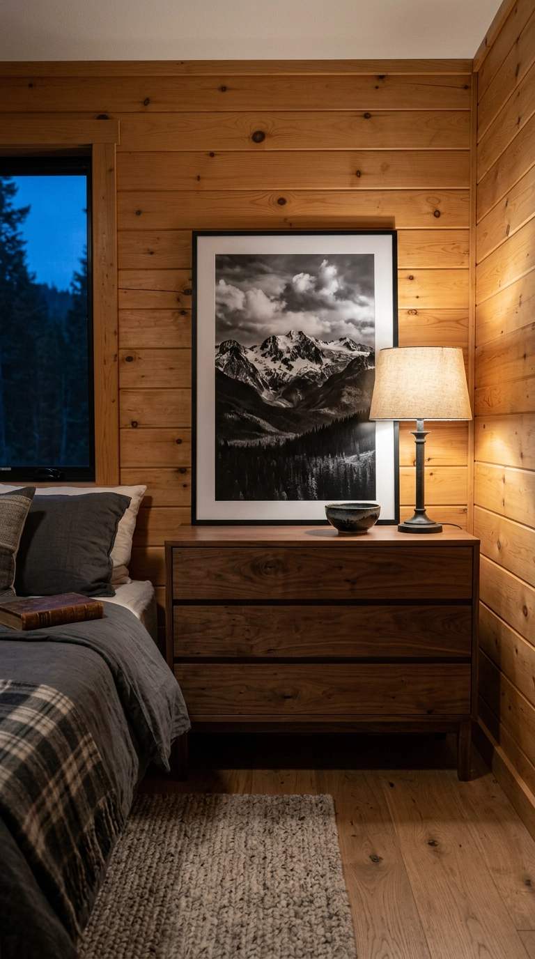 Oversized black and white mountain landscape photograph leaning on a cabin dresser