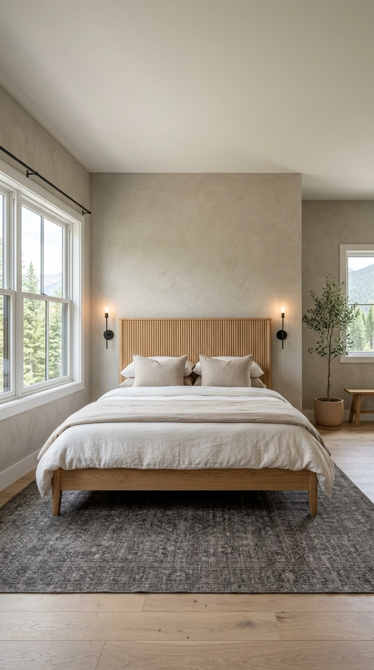 Mountain modern cabin bedroom in warm greige with a fluted oak headboard