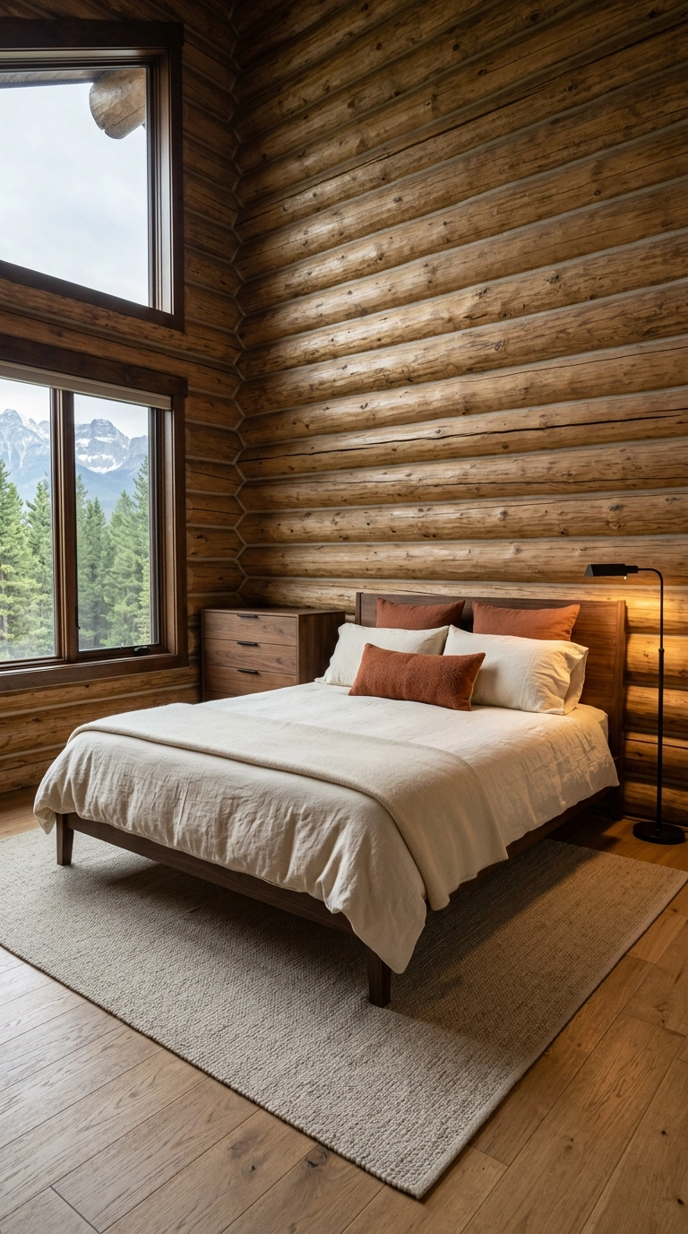 Log wall master bedroom with cream linen bedding and a rust wool lumbar pillow