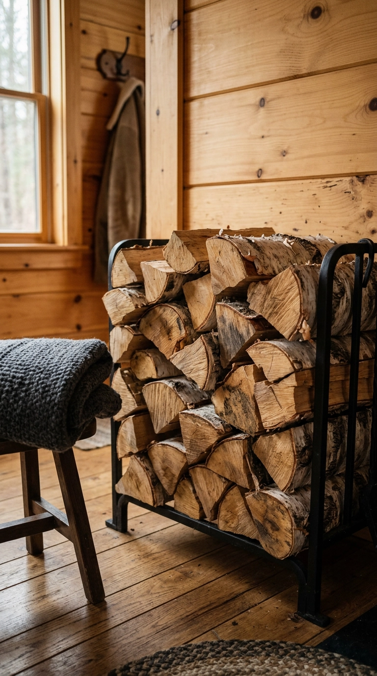 Stacked split birch firewood in a black iron holder in a cabin bedroom corner