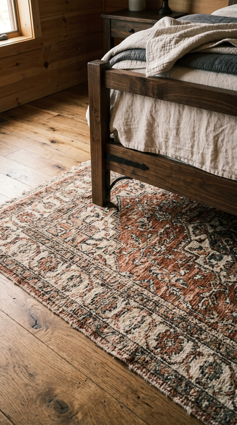 Hand-knotted rust and cream wool rug on wide-plank oak floor in a cabin bedroom
