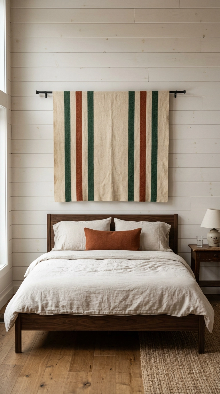 Vintage striped wool camp blanket hung as art above a cabin bed