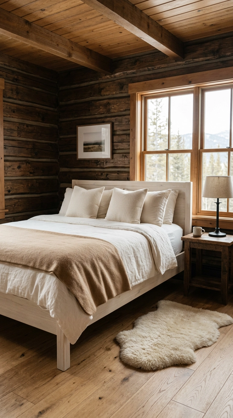 Light cream bedding brightening a dark walnut log wall cabin bedroom