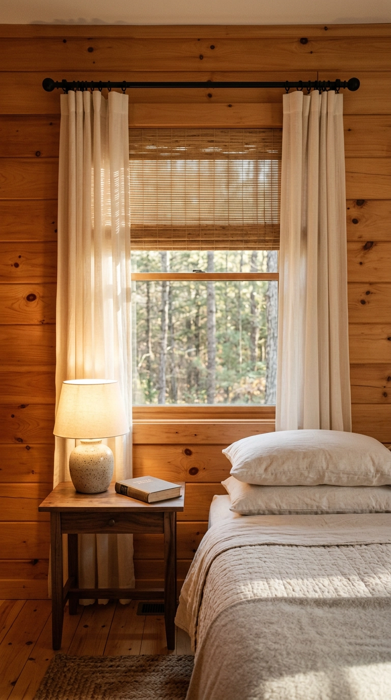 Bamboo woven wood shade with cream linen curtains on a cabin window