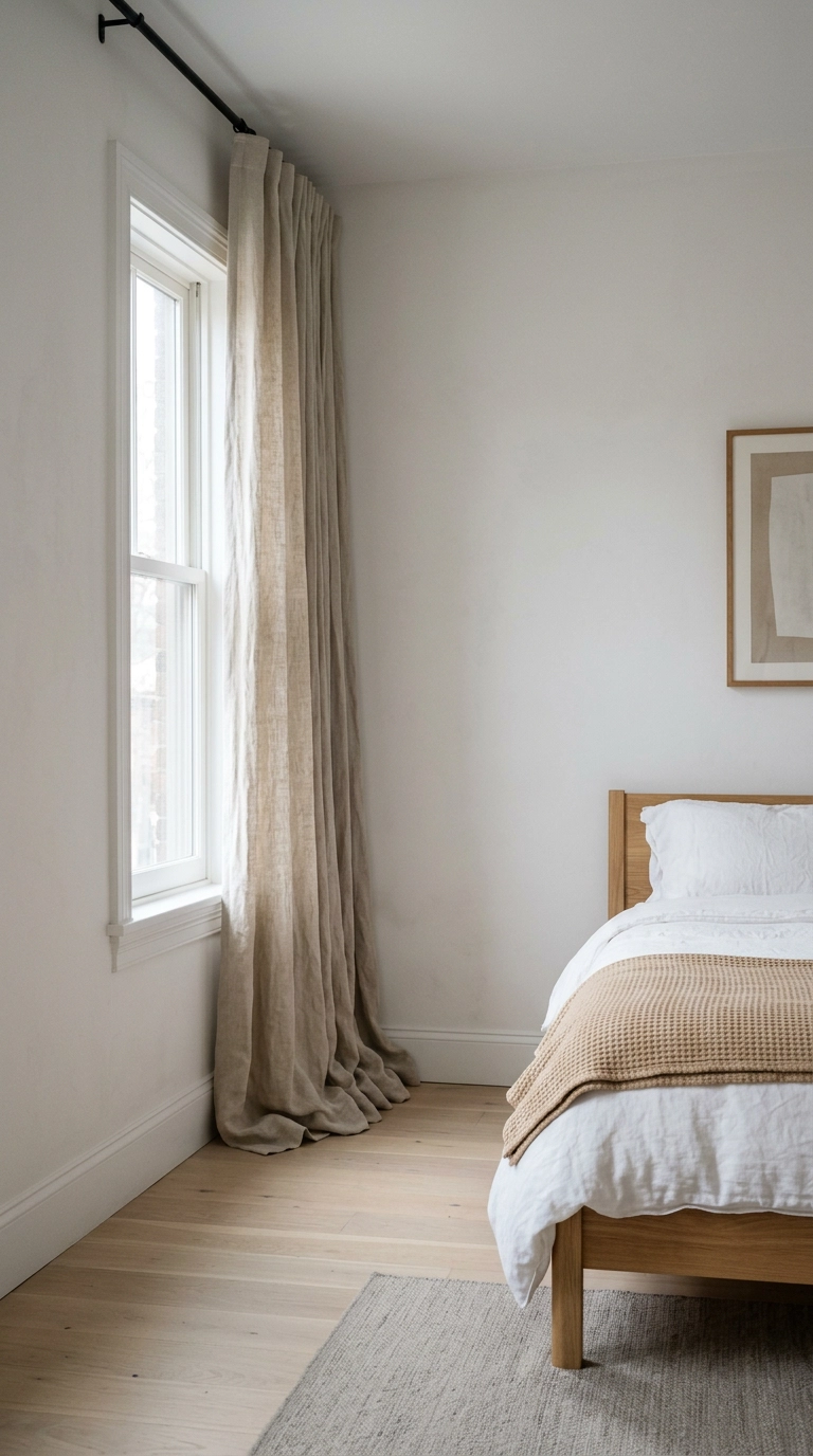 Floor to ceiling raw linen curtains hung high in a calming bedroom corner
