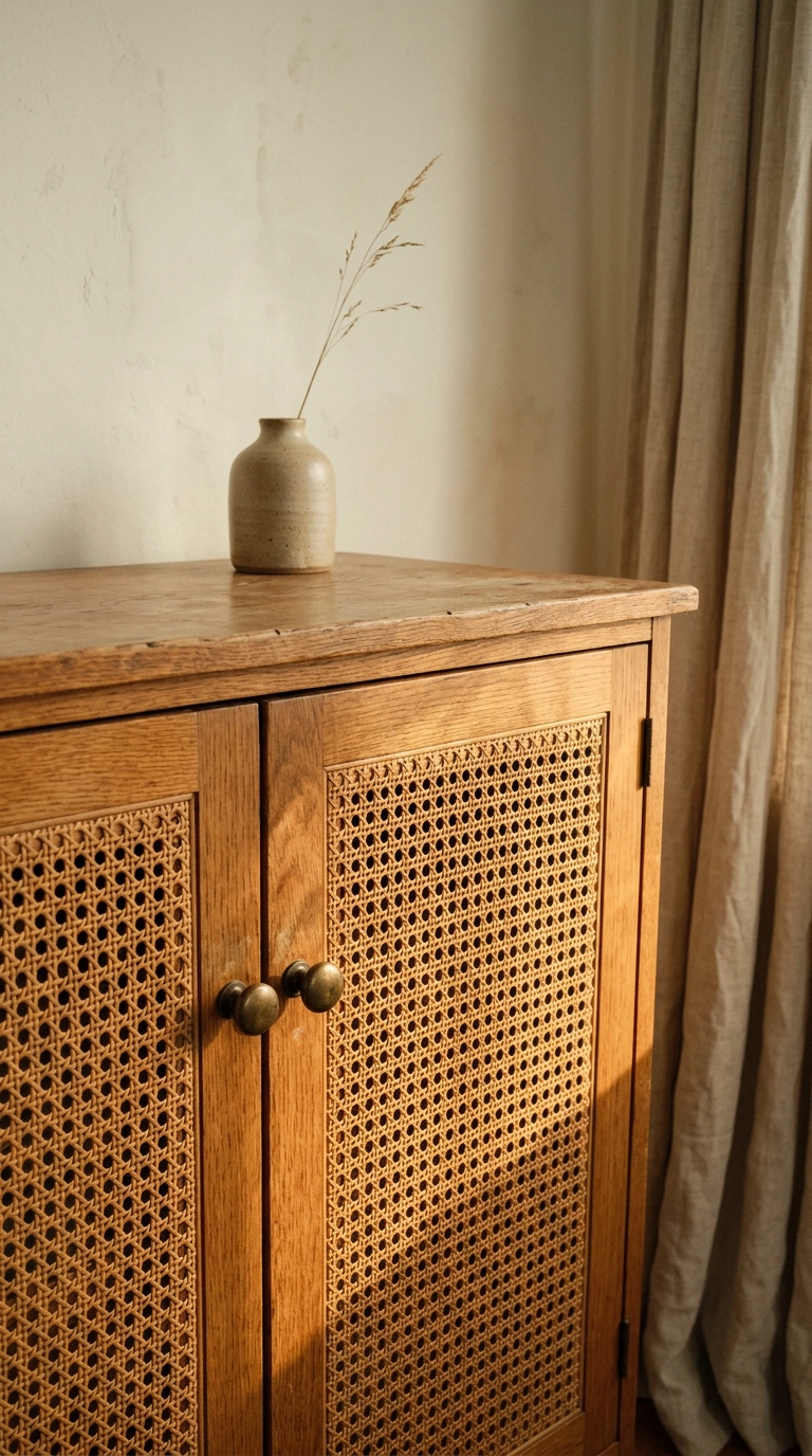 Cane webbing cabinet doors on a honey oak bedroom dresser with brass knobs