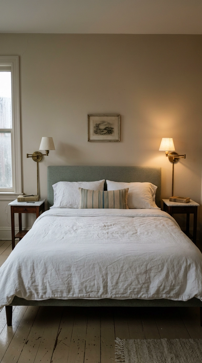 Aged brass swing arm sconces flanking an upholstered headboard in a calming bedroom