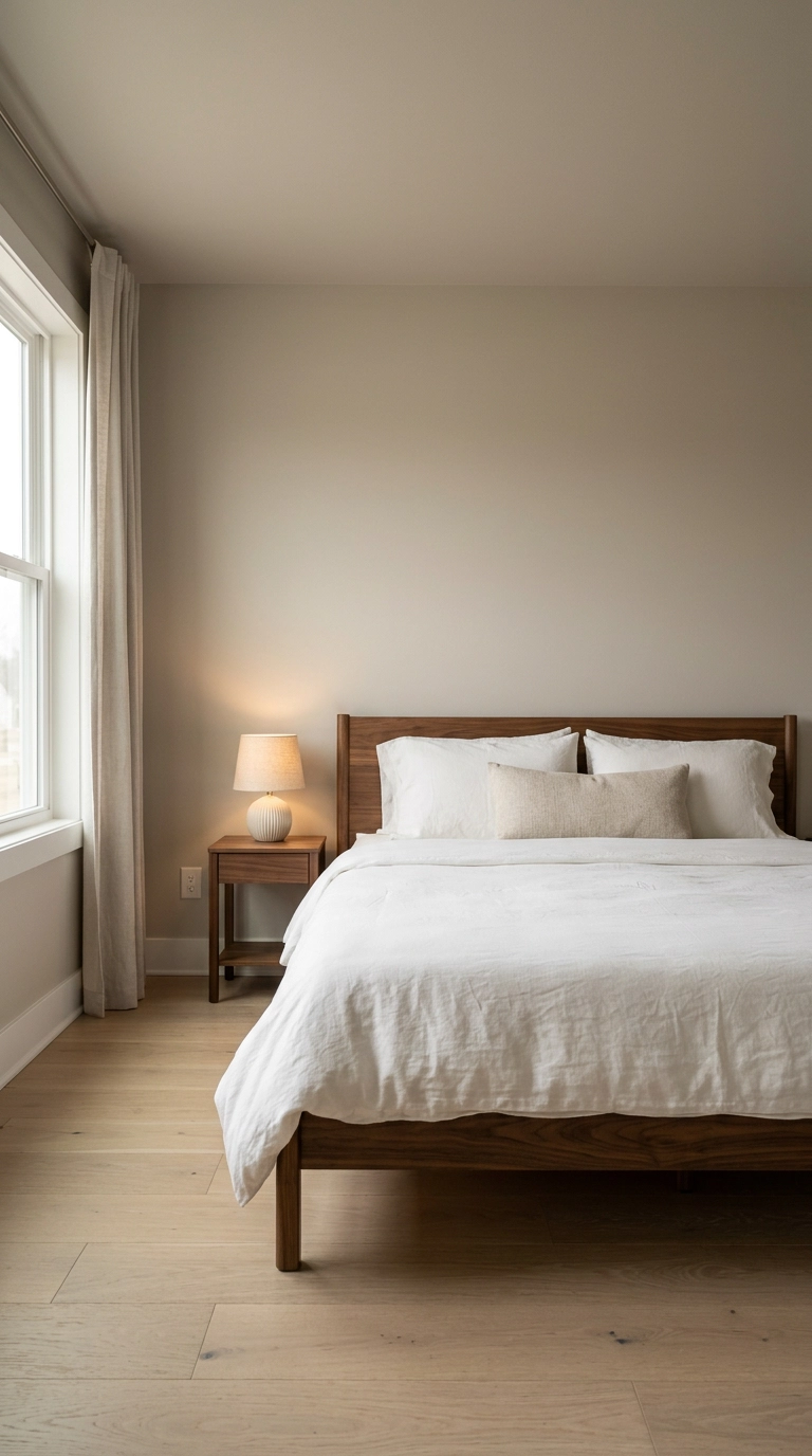 Calming bedroom with walls, trim and ceiling color-drenched in soft mushroom greige