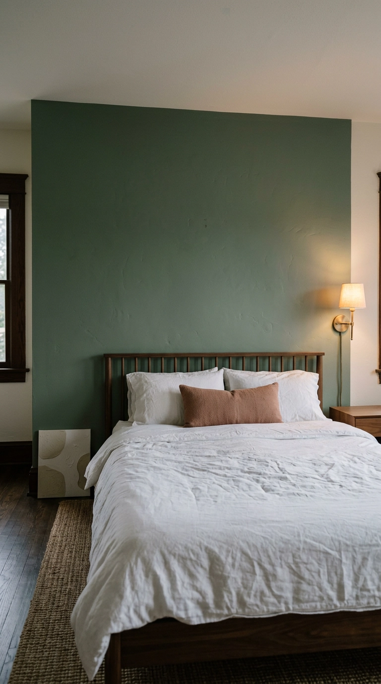 Deep muted sage green accent wall behind a walnut bed in a calming bedroom
