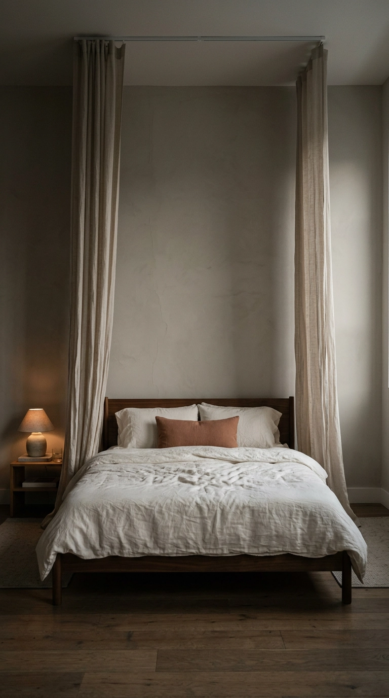 Sheer oatmeal linen canopy panels draped from the ceiling beside a walnut bed