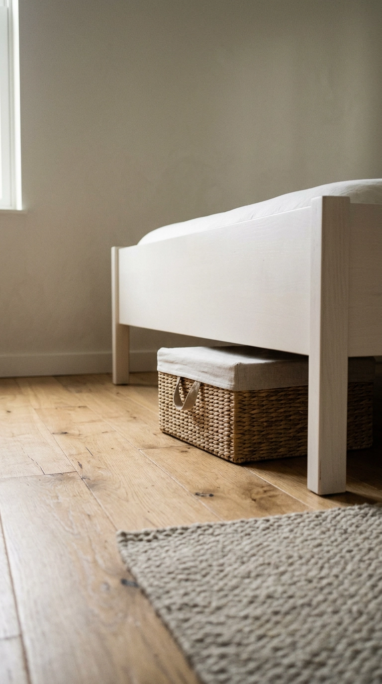 Flat woven seagrass basket sliding under a low white oak bed frame