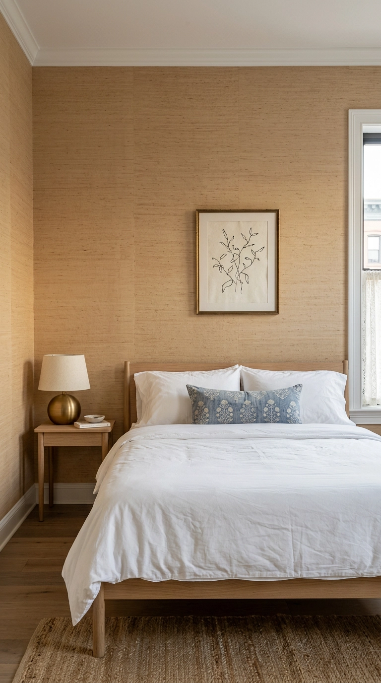 Sand colored grasscloth wallpaper behind a white oak bed in a small apartment bedroom